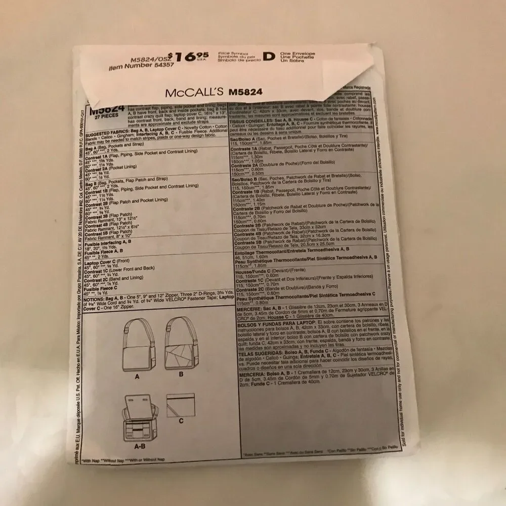 #M5824/M6297 McCall's Sew Pattern Tote Bags Lap Top Cover Grocery U Pick UNCUT
